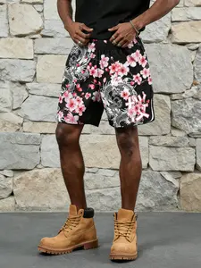 Viral Men's Sakura & Dragon Graphic Shorts | Y2K Japanese Streetwear, Black Floral Print, Casual Summer Beach Pants, Aesthetic Vibes 2026