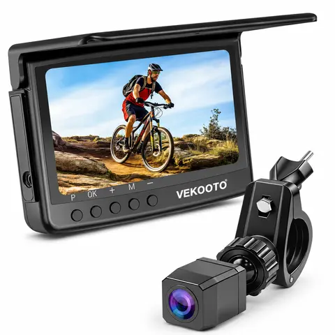 VEKOOTO VB5 Bike Camera Set Rechargeable Battery 4.5'' HD 1080P Monitor Color Night Vision 3 Mins Easy Installation Wide View Handlebar Bicycle Rear View Camera for Mountain E-bike