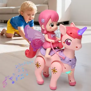 Uinle Baby Unicorn Toy with Princess Doll, Sound Light Music, Realistic Riding Action, Best Birthday Gift for Kids 3+, Requires Aa Batteries