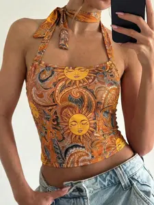 Women's Halter Neck Sun Print Knit Crop Top, Bow Back Detail, High Stretch Fabric, Casual Summer Fashion, Perfect for Daily Wear
