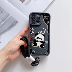 Cute Panda Pattern Tpu Soft Case Cover with Hand Strap for iPhone 11 12 13 14 Pro Max 15 Pro 16 Plus, Shockproof and Protective