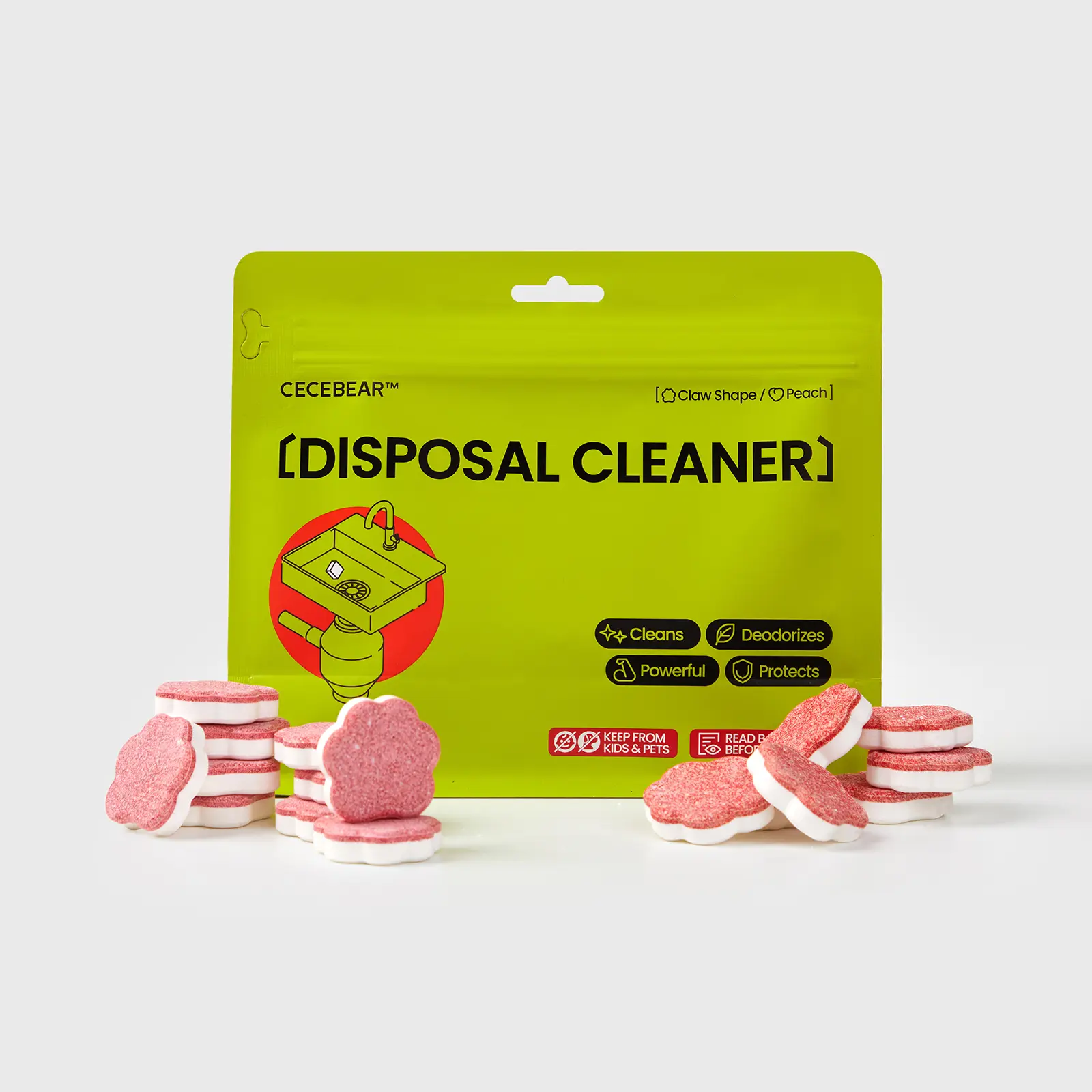 CECEBEAR Household Garbage Disposer Cleaning Tabs - 17g Powerful Foaming Drain Cleaner, Sink Cleaner, Peach-Scented Odor Eliminator, Weekly Use, 24-Month Shelf Life, Easy to Clean, Pack of 24