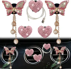 Pink Heart & Butterfly Air Vent Clips, 4 Pcs Bling Heart & Butterfly Air Fresheners Vents Clips Diamond Car Interior Decor Bling Cute Pink Car Accessories Decoration for Women + Heart Mask Hook Tustao