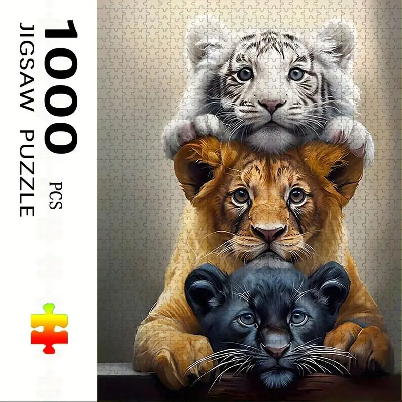 1000 Piece Lion Tiger Leopard Brothers Theme Puzzle, Large Adult Family Interactive Toy, DIY Home Decor Brain Challenge, Holiday Scene, Mixed Colors