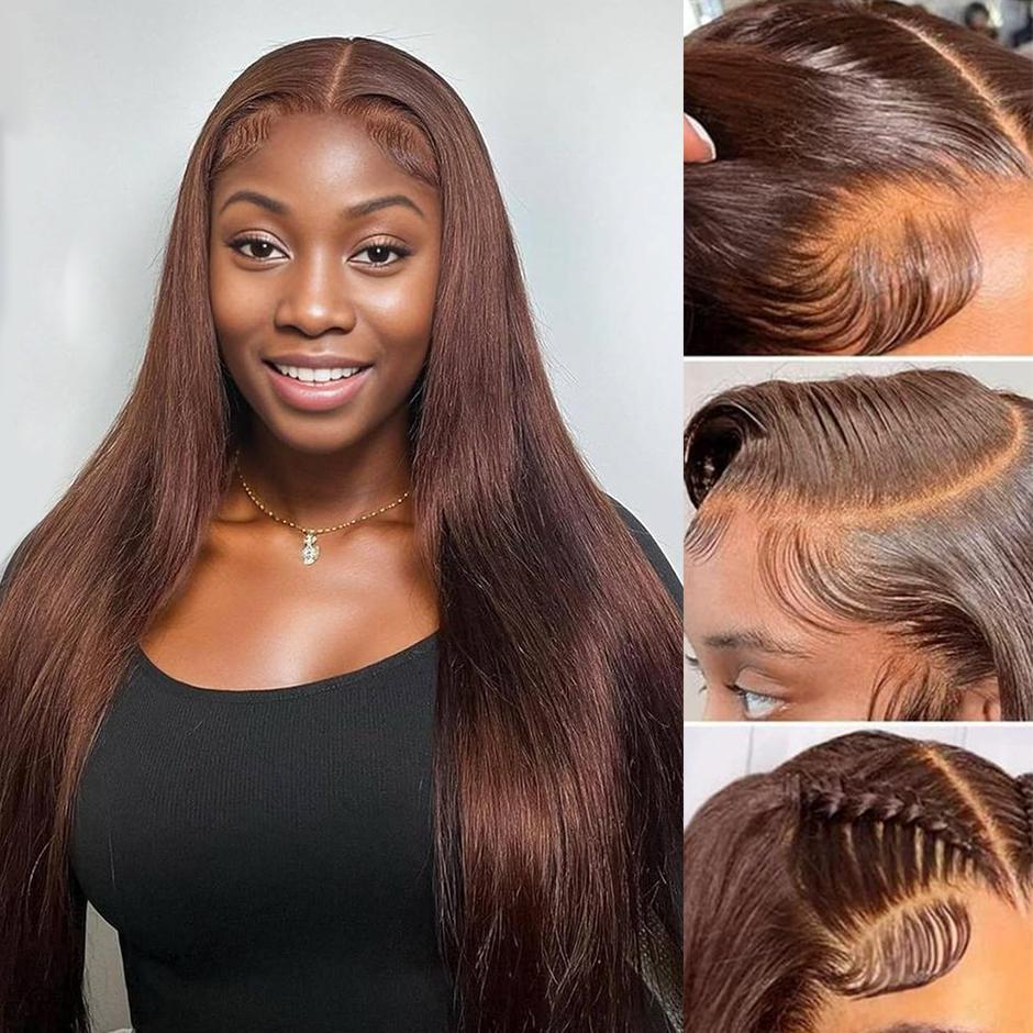[-Blend Hair-]28inch YAWAWE Hair Chocolate Brown Blend Human Hair Lace Front Wigs Pre Plucked 13x6 Straight High Density Colored #4 Light Brown with Drawstring Effortless Install Ear to Ear Bone Straight 13x6 Lace Front Wig with Baby Hair