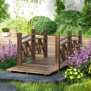 5 ft. Wooden Garden Bridge Footbridge for Backyard Ponds Creeks Streams Carbonized with Handrails Water Resistant Wood Classic Charm Decorative Touch