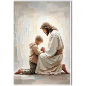 Jesus and Boy Christian Art Kids Praying with Children Bible Painting Home Decor Wall Art