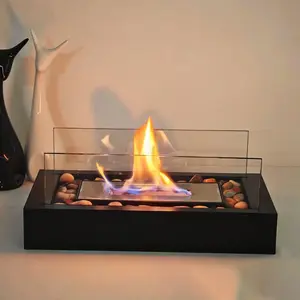 Modern Portable Tabletop Fire Pit, Rectangular Fire Pit, Mini Indoor Fireplace with Stone Clear-Glass Panel, Outdoor Desktop Fire Pit for Garden & Patio & Yard