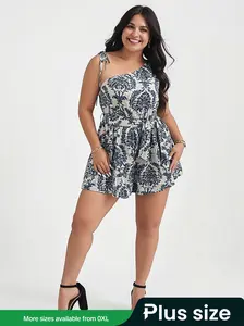 Plus Size Ethnic Floral Pattern Belted Vintage Romper, Tie Waist Romper, Boho Fitted Tie Shoulder Sleeveless One Shoulder Wide Leg Romper for Summer, Women's Plus Size Clothes for Beach Holiday, Bohemian Womenswear