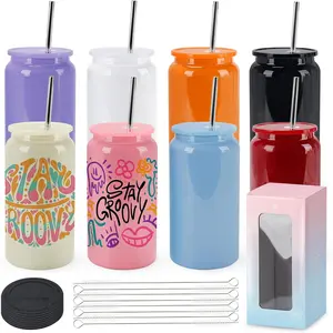 8 Set Glass Cups with  and Straws 16oz Stainless Steel Cups Sublimation Tumblers Blanks Vacuum Insulation Iced Coffee Cups for Smoothie  Boba Soda DIY  (Colorful)