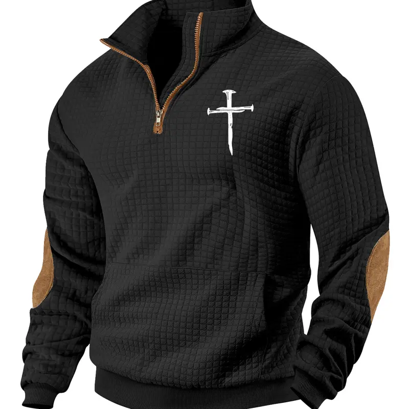 Men's printed half-zip turtleneck waffle-knit sweater, Casual Cozy Pullover, casual version versatile and practical, suitable for autumn and winter, outdoor travel, daily casual wear clothing