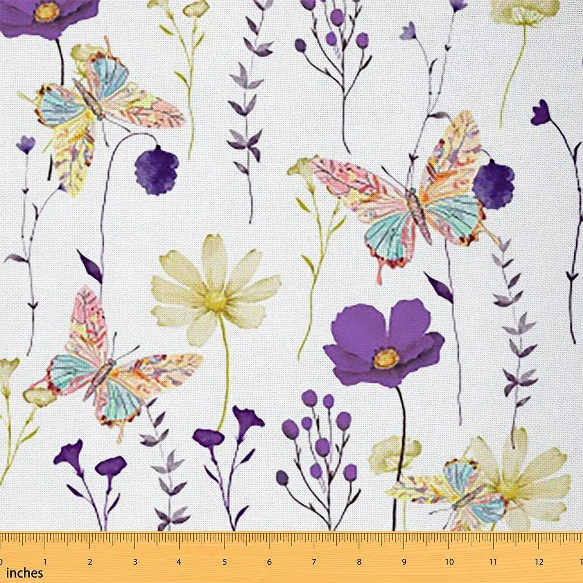 Watercolor Flower Fabric Butterfly Purple Yellow Decorative Fabrics Rustic Floral Branches Waterproof Outdoor Fabrics Minimalist Aesthetic Upholstery Fabric