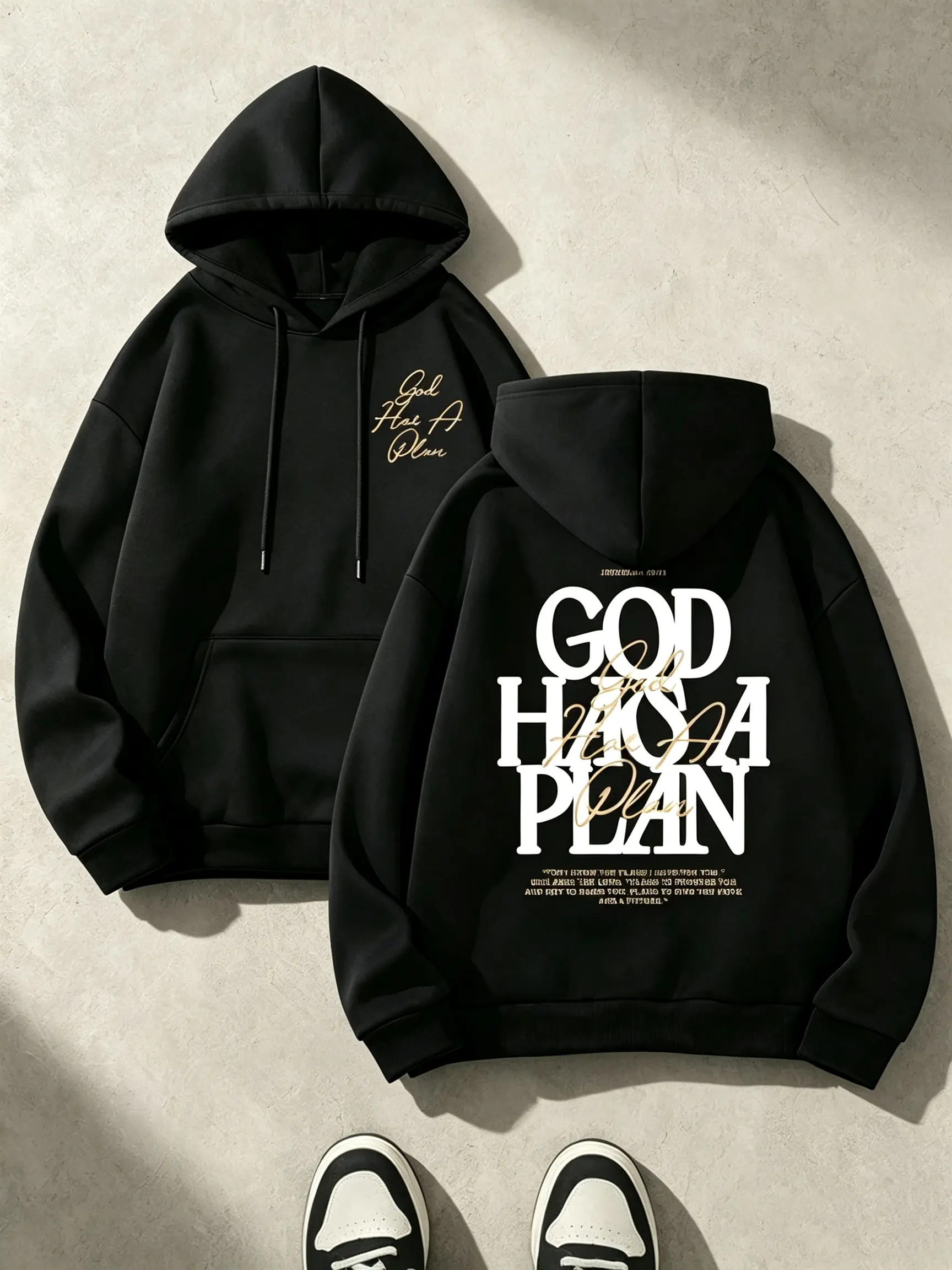 Thick 270 Gram Brushed Fleece Oversized Faith Hoodie, Front Chest Small Gold Handwriting Logo + Back Large Typography Scripture Drawstring Sweatshirt, Soft Relaxed Pullover For Church Worship Weekend Daily Outfit
