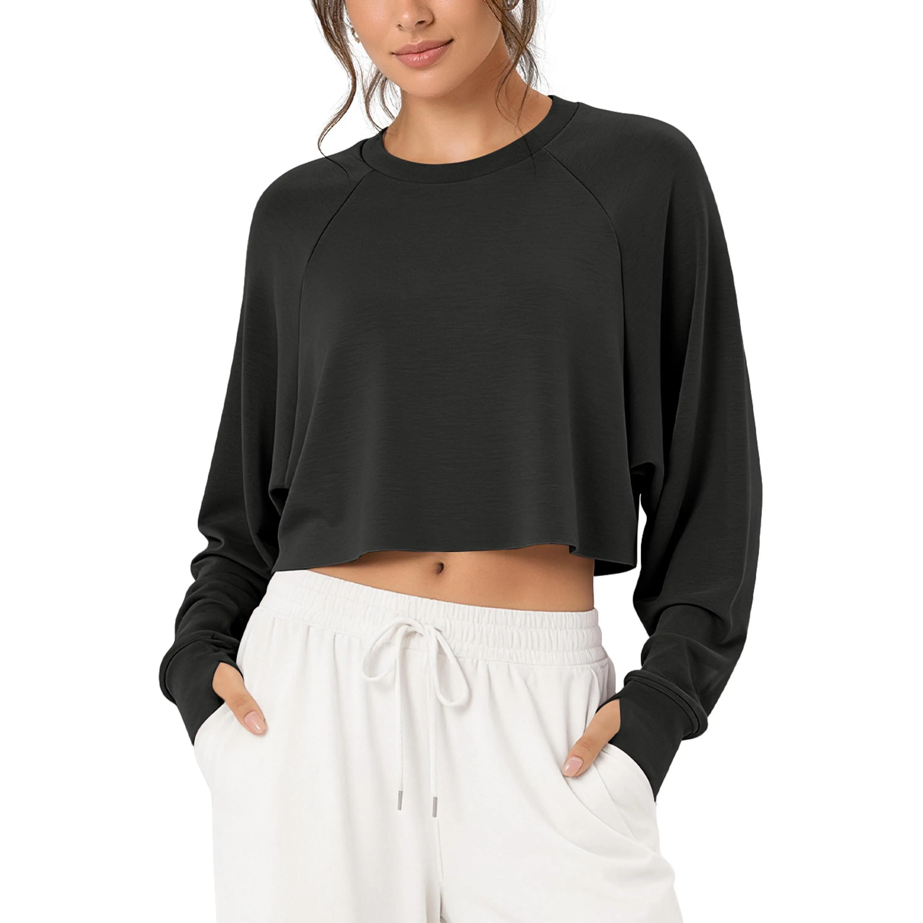 ODODOS Women's 270g Modal-Polyester Soft Long Sleeve Cropped Sweatshirt - Crew Neck, Thumb Holes, Slimming, Sporty Chic, Crop Top Style - Activewear, Gym Pullover, Casual Outfit