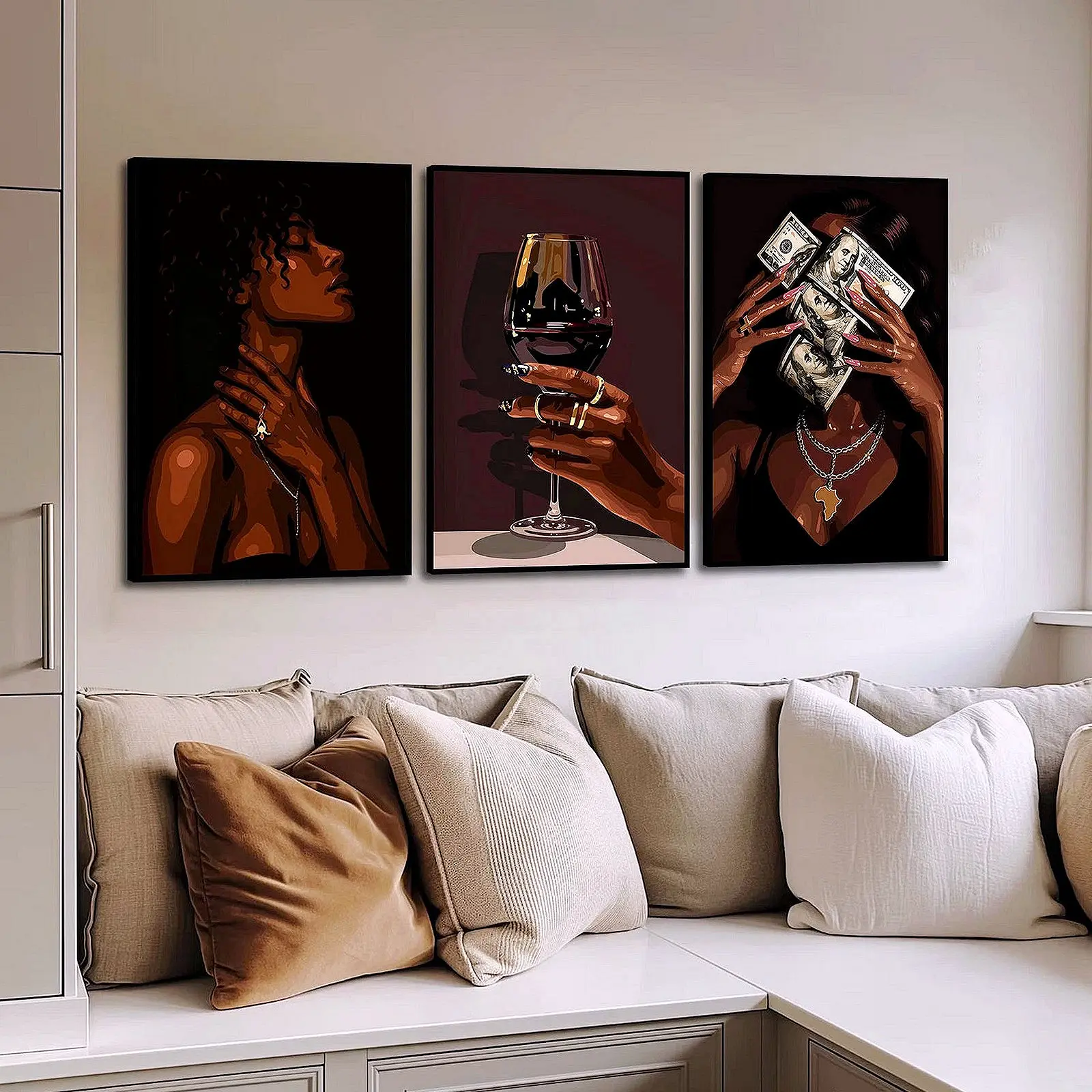 Set Of 3 Black Woman Luxury Wine Money Posters Premium HD Print Unframed Afrocentric Wall Art Living Room Decor Unique Trendy Gift