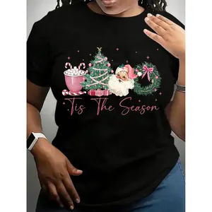 Women's Festive Christmas Tree Cup Graphic T-Shirt, Casual Round Neck Short Sleeve Top, Stretch Knit Fabric, Polyester, All-Season Fashion Tee