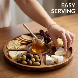 Wooden Tray with 2/3/4/5 Compartments, Round BBQ Plate for Meat, Cheese, Nuts, Fruits, Kitchen Storage, Reusable, Decorative, Gift Idea, Cheese Platter