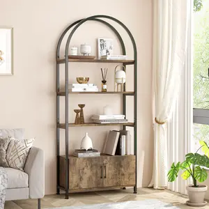 4 Tier Arched Bookshelf with Doors Storage 71.5 Inch Tall Industrial Book Shelf with Metal Frame Open Curved Bookcase Display Shelf for Living Room and Office-Brown