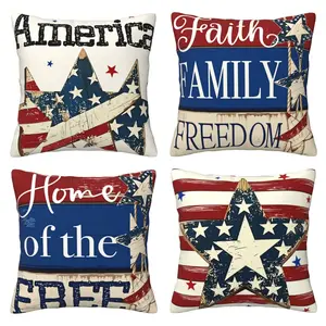 Freedom House Striped Star Pillow Set, Decorative Set for Faith, Family, Freedom, Patriotism, Independence Day, Memorial Day, American Flag Pillow Set, 4-piece Set with Double sided Printing