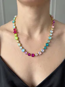Color-Blocked Crystal Collar Elegant Dainty Necklace - Versatile Spring/Summer Accessory for Women - 18K Gold-Plated | Rhodium-Plated Magnetic Clasp - Perfect for Everyday Wear and Special Occasions | Mother's Day Gift | Birthday Gift