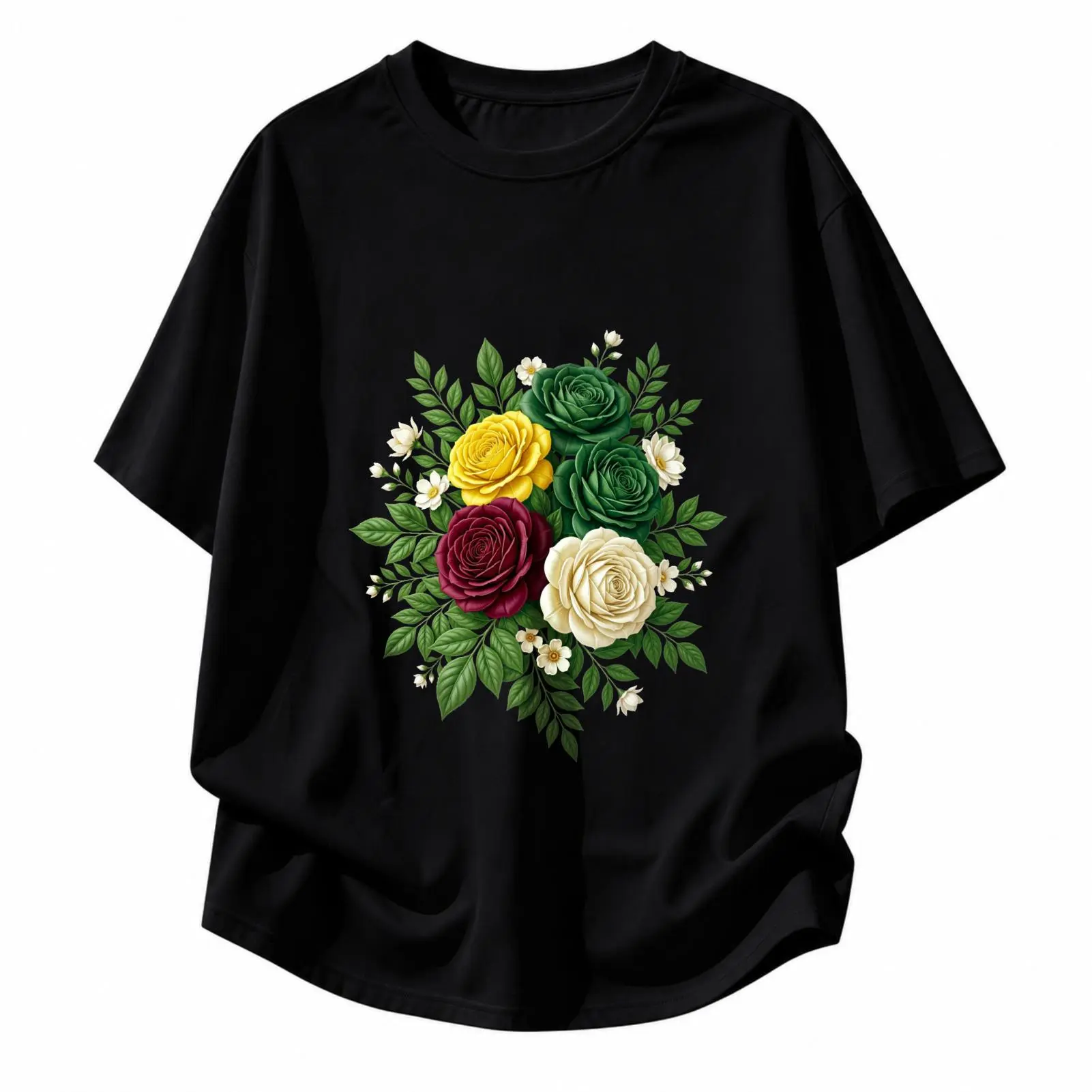 Women's Carpesun Vintage Floral Print 100 Cotton Short Sleeve T-Shirt, Rose Bouquet Graphic, Breathable Knit Classic Cut Casual Wear Short Sleeve Tops, Unisex Friend Gift
