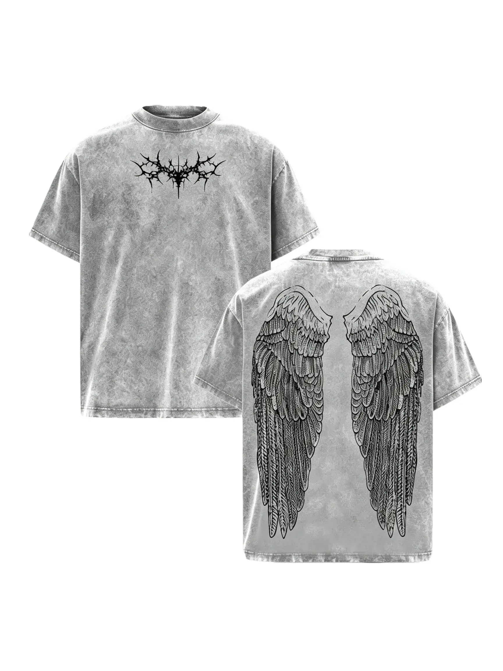 Men's Vintage Acid Wash Oversized Streetwear T-Shirt - Grunge Y2K Gothic Thorn Angel Wings Jesus Print, Unisex Boxy Fit Cotton Short-Sleeve, Men’s Clothes Summer Casual OOTD Top