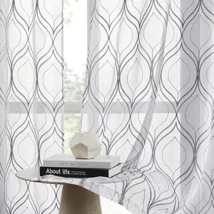 White and Grey Sheer Curtains, 52 x 84 Inches Long Moroccan Embroidered  Rod Pocket Semi Sheer Curtains, Faux Linen Light Filtering Drapes for Living Room/Bedroom, 2 Panels