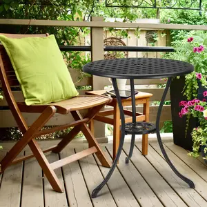 24" Cast Aluminum Patio Bistro Table with Umbrella Hole - Round Outdoor Coffee Table for Backyard, Garden, Porch, Pool, Balcony,black