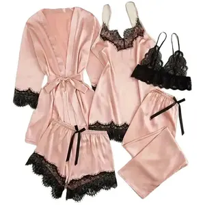 Women's Satin Sleepwear Pajama Set Pink Sexy Lingerie Bath Robe Lace Patchwork Silk Night Dress Trousers Home Clothed Nightwear