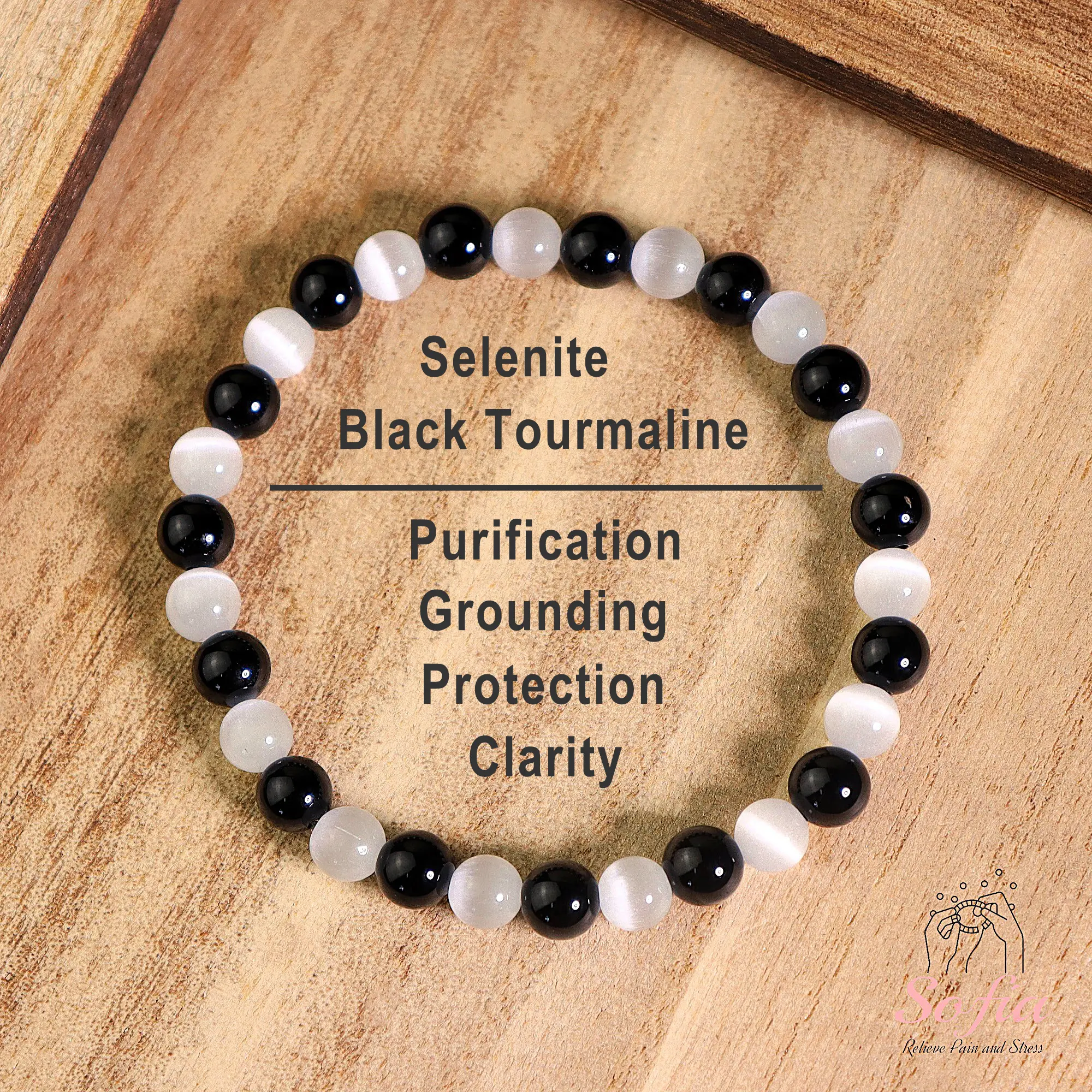Empath Protection Bracelet 6mm Black Tourmaline Selenite Stone Stretch Healing Bracelet Boho Style for Daily Use Handmade Gift for her, gift for him