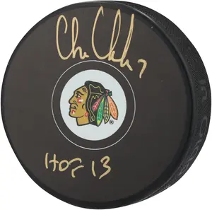 Chris Chelios Chicago Blackhawks Autographed Hockey Puck with "HOF 13" Inscription - Fanatics Authentic Certified