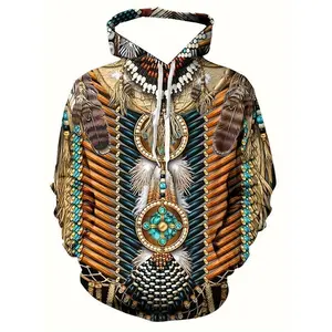 Men's 3D Feather Print Hoodie with Drawstring & Pockets Vibrant Tropical Tribal Design Long Sleeve Casual Sweatshirt for Fall/Winter Polyester Blend Machine Washable Sweater Hoodie Menswear Tops Pullover Wheat-Colored