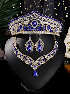Elegant Rhinestone Decorated Crown & Necklace & Earrings, Fashion Luxury Baroque Style Jewelry Set for Wedding Bridal Party Formal Occasions