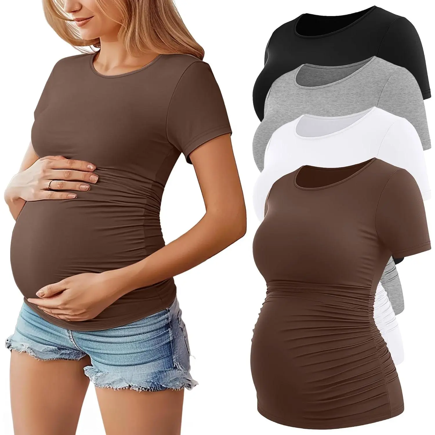 4 Pack Women Maternity Blouse Crew Neck Short Sleeve Casual Cotton T Shirt Side Pleated Pregnancy Top