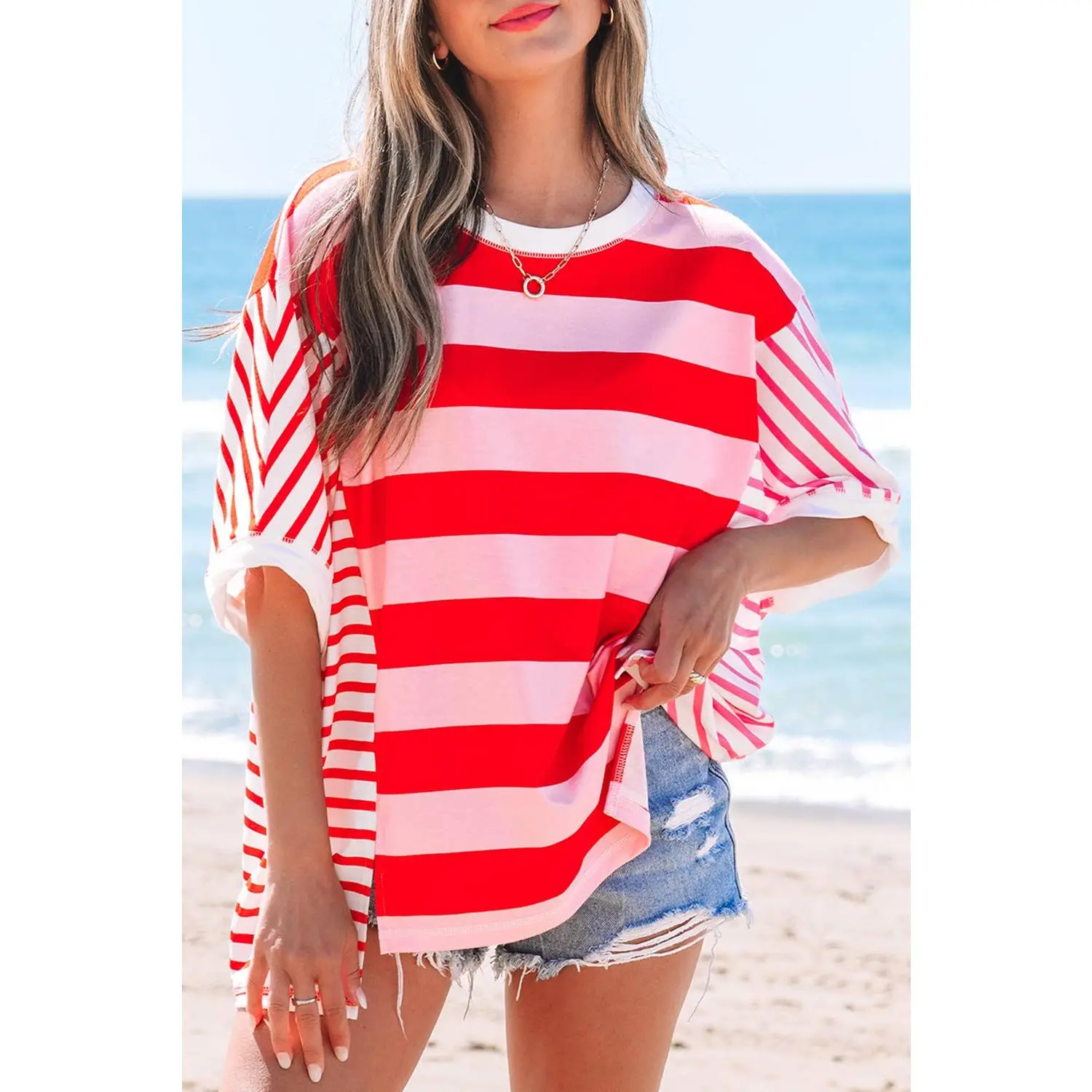 Patchwork Round Neck Side Split Loose T Shirt
