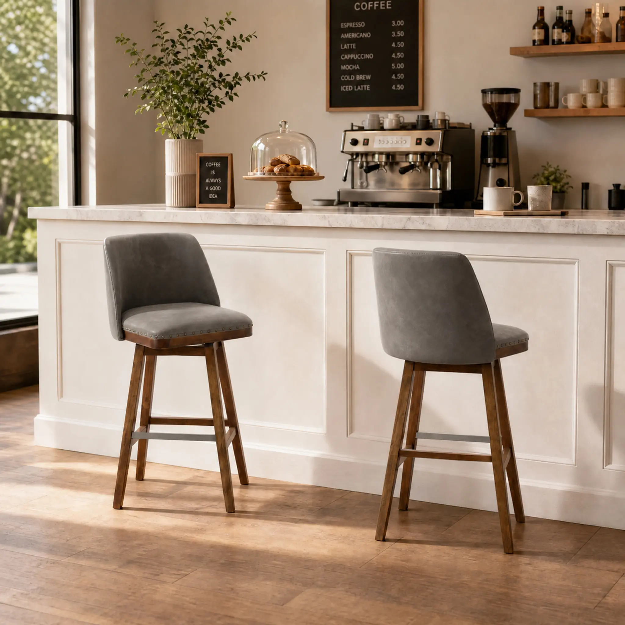 18.9in Indoor Swivel Barstool - 360-Degree Smooth Rotation, Durable Solid Wood Frame, PU/Linen Upholstery, 300 LBS Capacity, Ready to Use Home Bar Furniture Chair