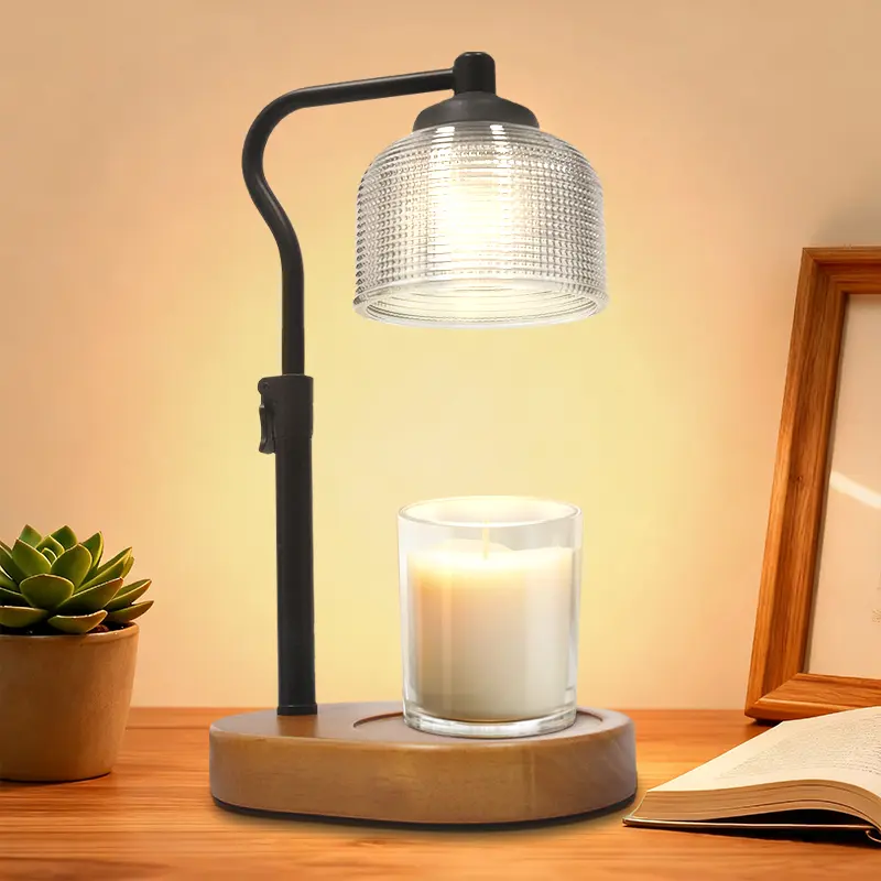 Dimmable Wood Candle Warmer Lamp with Light, 2 Bulbs, Timer, Adjustable Metal Polka Dot Shade, Matte Black Glass Wax Melter for Jar Candles, Classic Office Study Fragrance, Women's Home Decor Gift