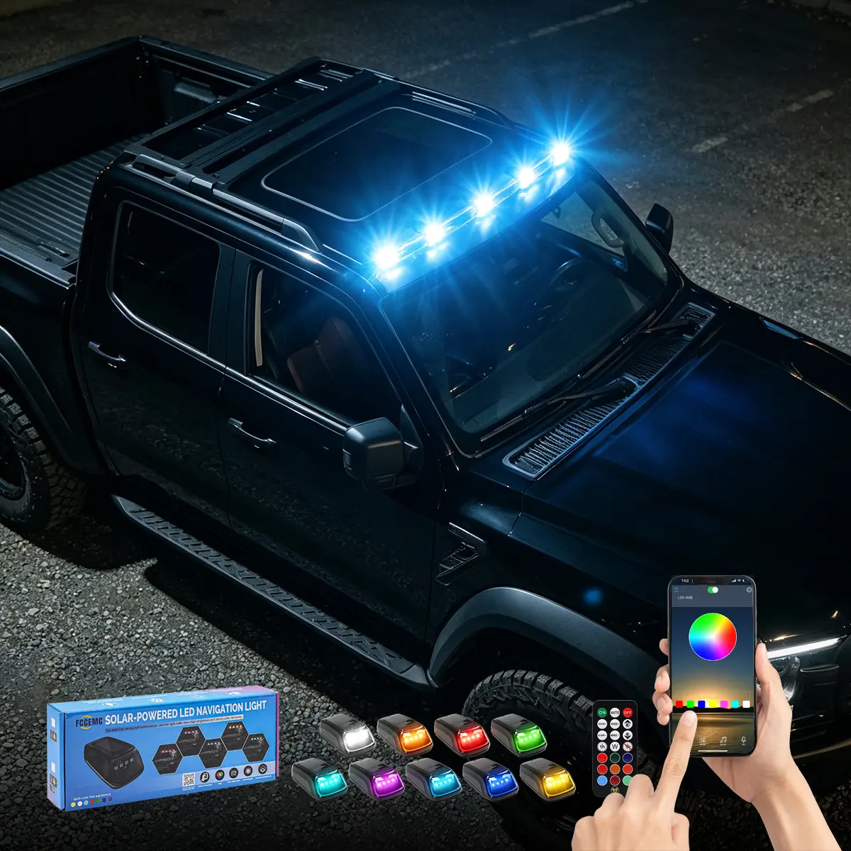 2026 New Upgrade Solar Car Roof RGB Strobe Lights No Drill Cab Roof Top Marker RGB Lights with Motion Vibration Sensor / IP67 Waterproof / Remote & APP Dual control / Solar Cab Lights for Trucks Pickup SUV Jeeps Rvs Cab Clearance Lights