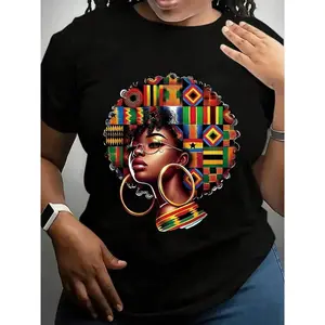 African Queen Graphic Print T-Shirt, Black Short Sleeve Crew Neck, Vibrant Afrocentric Design, Casual Summer Top For Women, Stylish And Comfortable Fit, Versatile Clothing Vibrant Print Tee