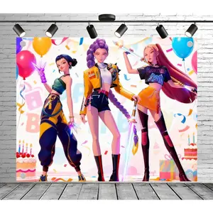 Demon Movie Happy Birthday Backdrop Korean Idol Theme Style Banner for Kids Cosplay Party Photoshoot Background Anime Fans Home Decor Studio Props Decoration Lightweight Vibrant Colors