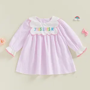 Toddler Baby Little Girls Easter Dress Cute Jesus Loves Me Embroidery Long Bubble Sleeve Striped Dress Spring Summer 1-5 Years