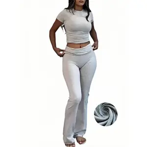 Casual Workout Two Piece ,Outfits for Women Short Sleeve Crop High Waist Foldover Flare Pants Tracksuit Sets Streetwear,Women's Solid Loungewear Set