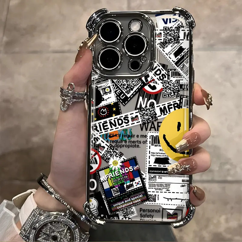 Patterned Shockproof Soft Smartphone Case with Transparent/Translucent Back, Fashion Graffiti Print Newspaper Label Design - Cellphone Protection Cover for iPhone 18/17/16/15/14/13/12/11 Pro Max,X,Xr,Xs Max,8/7 Plus - Accessories
