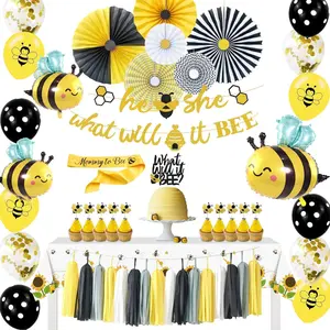 Bee Gender Reveal Party Supplies - Bee Gender Reveal Decorations for Kids Baby Shower, Banner, Table Cloth, Sash, Paper Fans, Cake Topper, Balloons for Baby Reveal Party
