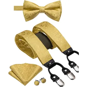 Dubulle Suspender and Bow Tie for Men Paisley Solid Mens Suit Braces Pretied Bowtie and Handkerchief Cufflinks Formal Wedding