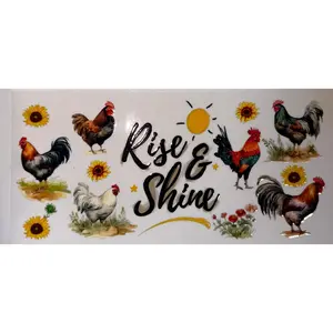 Rise & Shine Chicken UV DTF Wrap | Funny Farmhouse Tumbler Decal | Rooster Sunflower Cup Wrap | 20oz Skinny