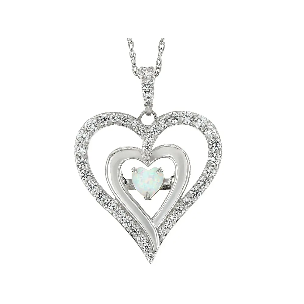 JTV Lab Created Opal and White Cubic Zirconia Rhodium Over Sterling Silver Heart Pendant 1.56ctw