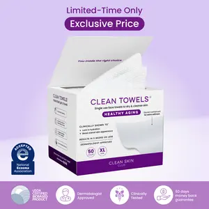 Clean Skin Club Healthy Aging Clean Towels XL 50 Count Glycerin Infused Anti Aging Makeup Remover Dry Wipe Smooths Fine Lines Wrinkles in 6 Weeks Gentle Cleansing