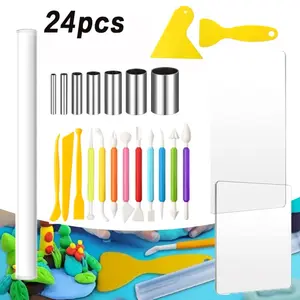 24 Pcs Clay Sculpting Tools Kits Polymer Clay Tools DIY Set with Roller, Acrylic Sheet, Scraper Backing Board, Round Circle Shape Cutter, Shaping for Art Craft