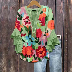 Cherrybetty Colorful Floral Print Ruffle Sleeve Top Going Outfits Blouses Women Vintage 90s Tops Funny Shirts Women Elegant Classy Tops cute summer outfit Fashion Casual plus size women's summer outfits flowy boho tops for Teachers and Moms
